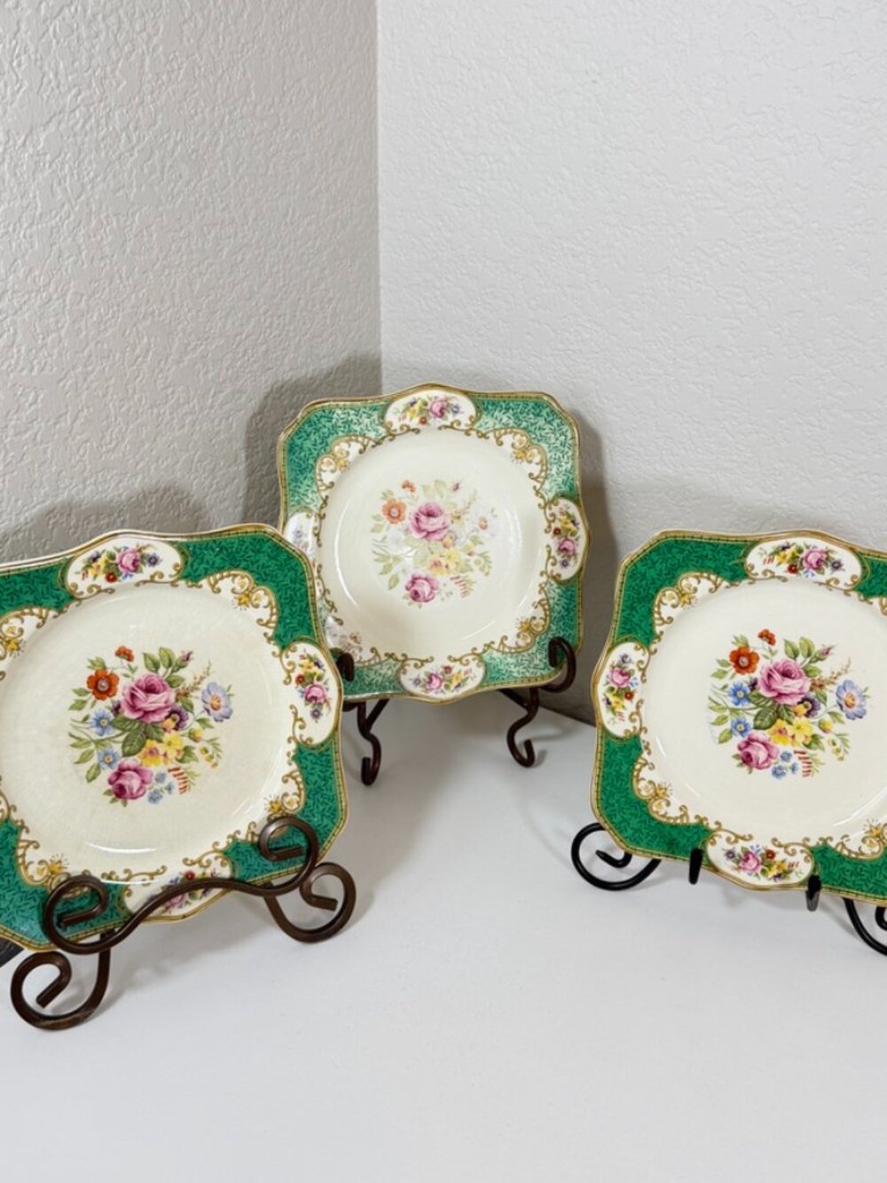 VTG Myott Staffordshire England 8.5" Square Salad Plates Green Floral {Set of 3}